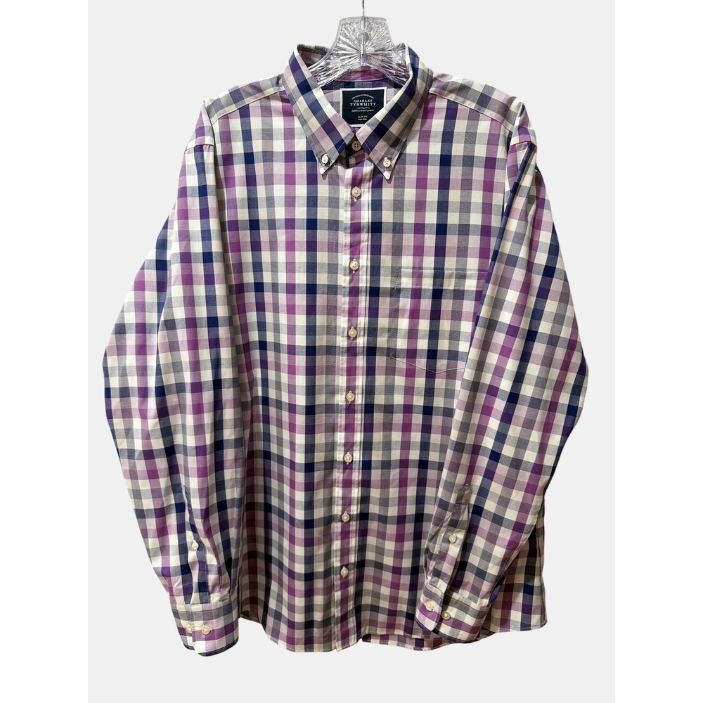 Charles Tyrwhitt Mens Slim Fit Non-Iron Purple Check Button Down Shirt Preppy/L